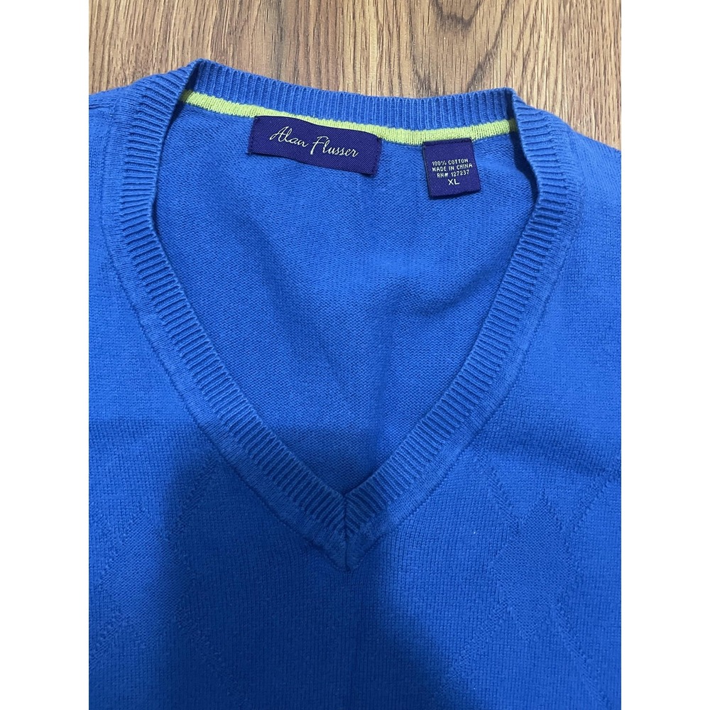 Alan Flusser Sweater Vest Mens XL V-Neck Argyle Blue Preppy Golf Knit
